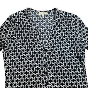 Choice Petite Black & White Geometrical Ribbed Button V Neck Long Sleeve Size PM
